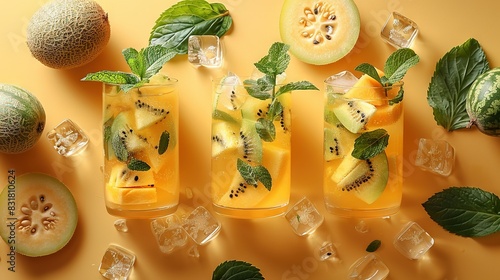   A cluster of fruit beverages resting atop the desk alongside peeled kiwi slices and iced cubes