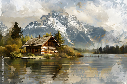  wooden cabin at riverside with snow peak mountain as background, artful painting style illustration with grungy brush stroke texture