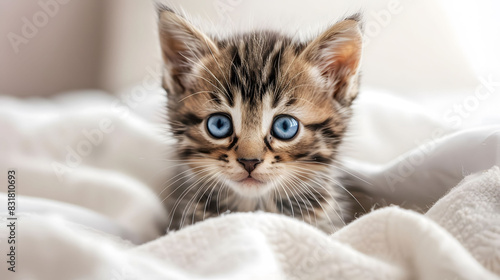 A tiny kitten with striking blue eyes sits on a clean white blanket
