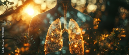 anatomy of the respiratory system, lungs and trachea, focus on, natural lighting, Double exposure silhouette with oxygen flow photo