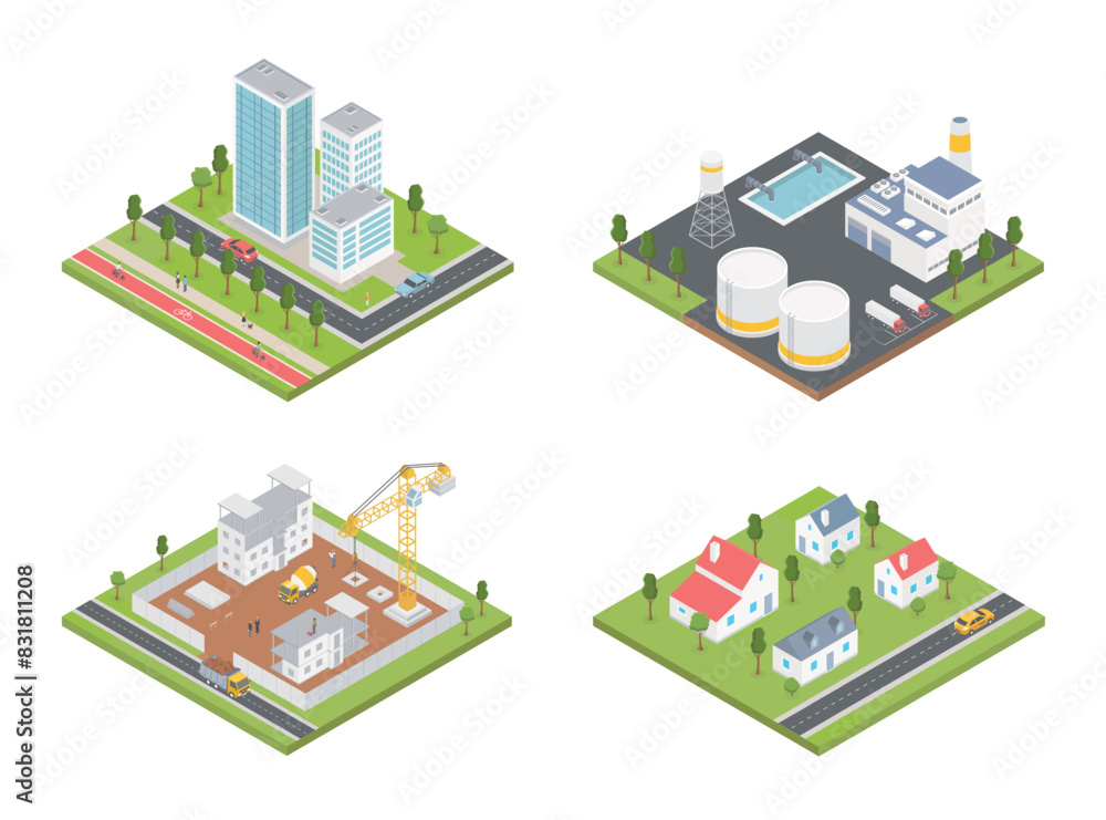 Isometric buildings. City urban infrastructure, residential, industrial, private houses, plant or factory, office skyscrapers set.