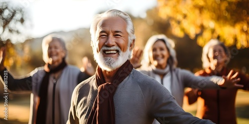 Elderly group engaging in tai chi in park reflects active retirement lifestyle. Concept Active Retirement, Tai Chi, Elderly Fitness, Outdoor Activities, Healthy Aging photo