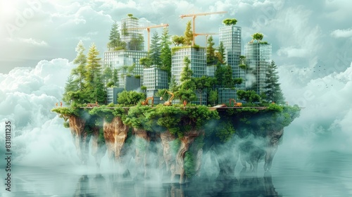 A floating island with futuristic skyscrapers and lush greenery amidst the clouds  showcasing a blend of urban architecture and natural beauty.