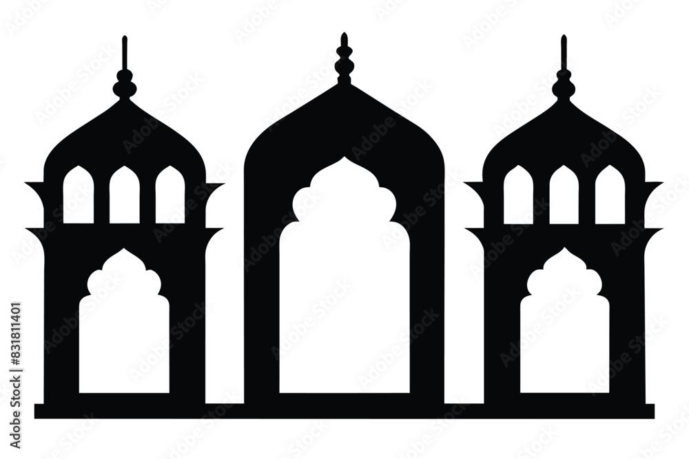Set of Solid black Collection of oriental style Islamic arches and windows on white background