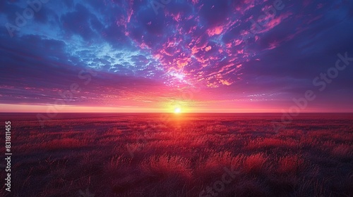  The sun sets over a tall grass field, with purple and blue skies in the background