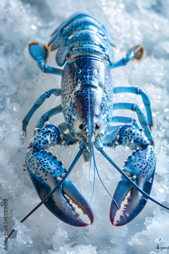 A blue lobster is seen up close on ice, showcasing its unique coloration and distinctive features photo