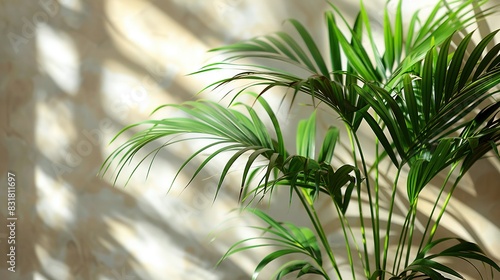   A close-up of a palm tree in a room with sunlight streaming through a window and a wall behind