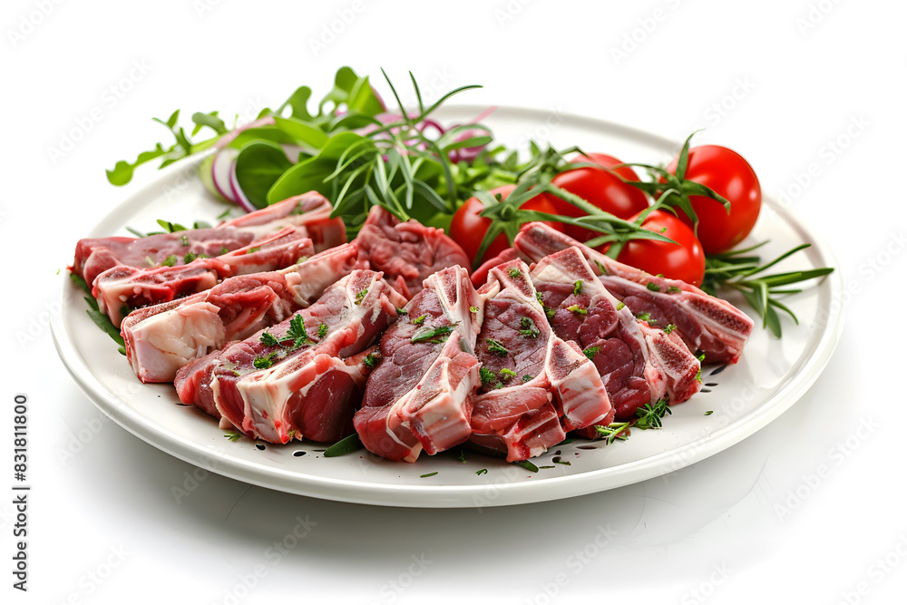 A white plate is topped with a variety of cooked meat and vegetables, creating a colorful and delicious meal A white plate is topped with a variety of cooked meat and vegetables, creating a colorful and delicious meal