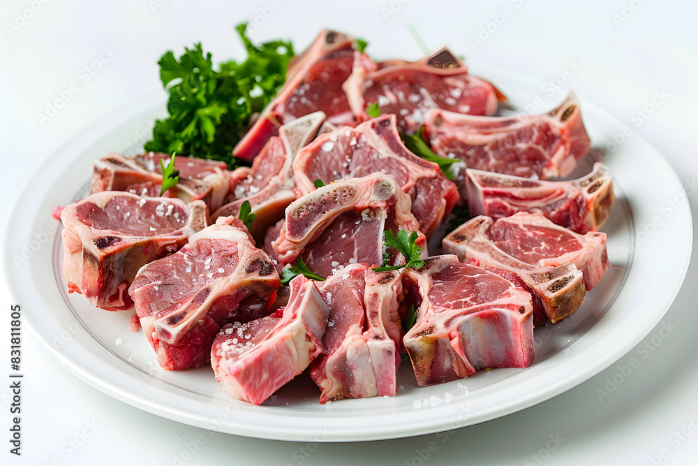 A plate filled with raw meat, accompanied by fresh parsley leaves on the side