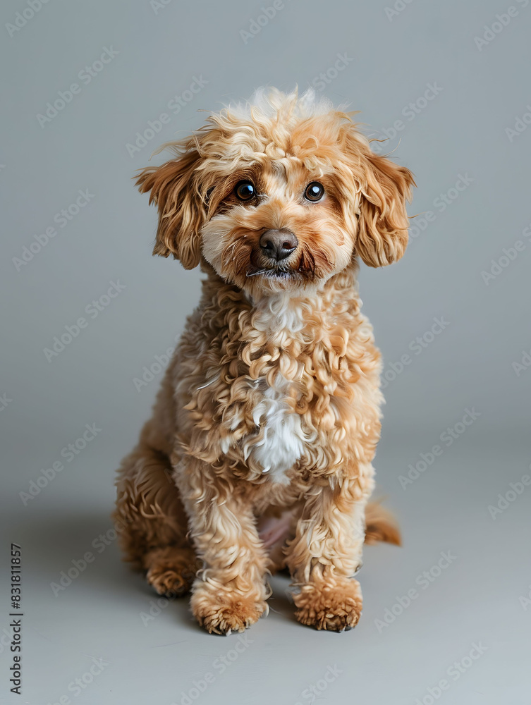 A small brown dog is sitting on a white floor