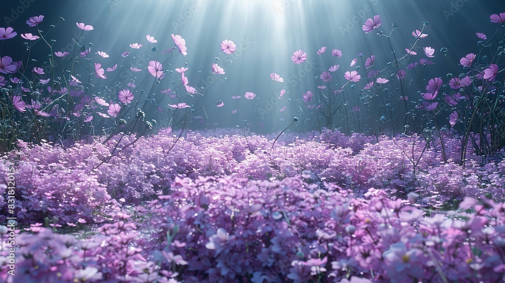 A field of vibrant purple flowers bathed in moonlight during twilight A field of vibrant purple flowers bathed in moonlight during twilight