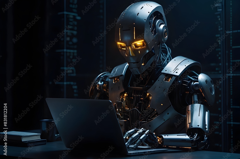 Fototapeta premium A concept of a modern robot hacking the digital network