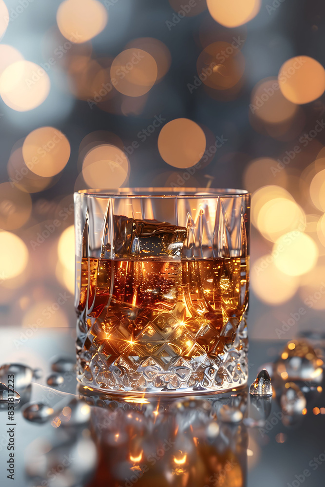 A glass containing whiskey and ice cubes placed on a wooden table A glass containing whiskey and ice cubes placed on a wooden table