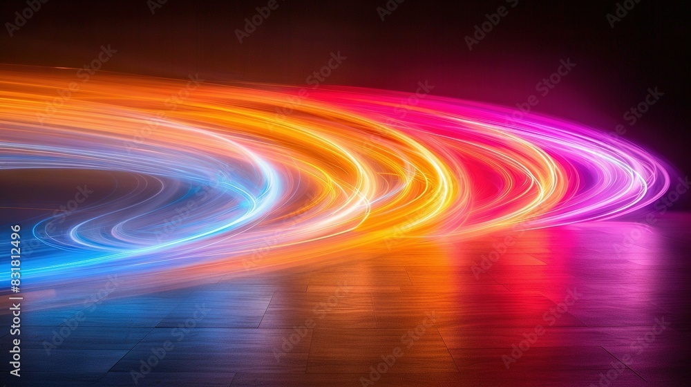 A photo of a circular spotlight on a dark wooden floor in a dimly lit space A photo of a circular spotlight on a dark wooden floor in a dimly lit space