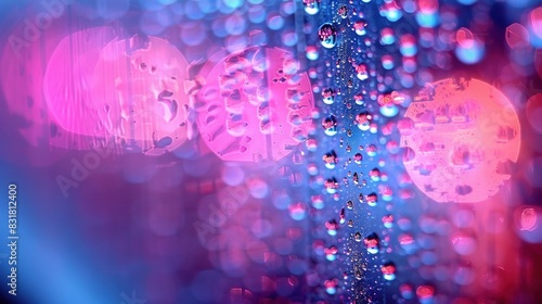   A close-up of a raindroplet on a window with pink and blue lights and a blurry background photo