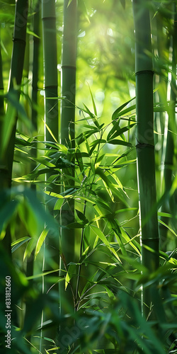 The sun shines through a dense bamboo forest  casting long shadows on the forest floor