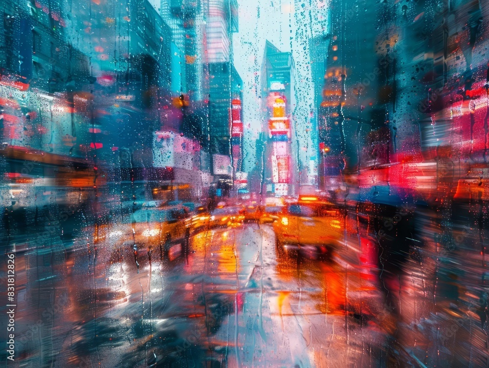 Obraz premium Content creator exploring urban photography, capturing city life close up, focus on, vibrant, Composite, city streets
