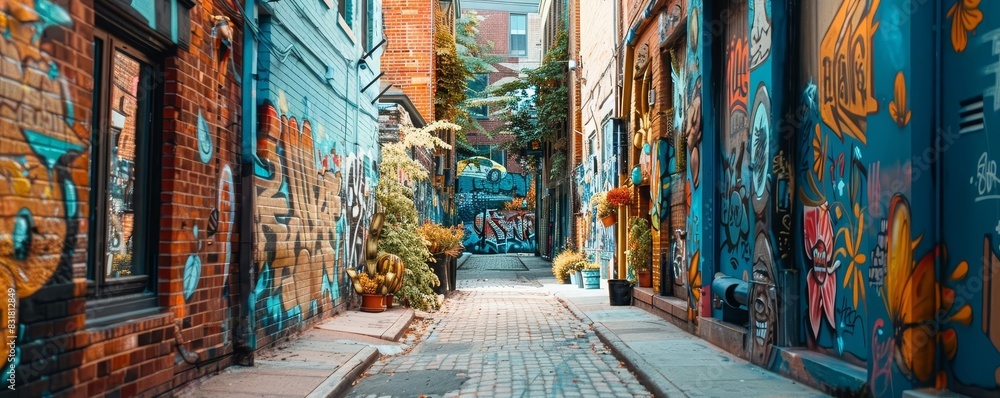 Naklejka premium Content creator exploring street art, capturing creativity focus on, theme, whimsical, Manipulation, urban alleyway