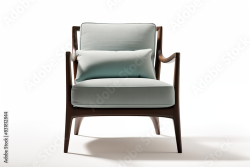 Elegant midcentury modern armchair with light blue upholstery and walnut