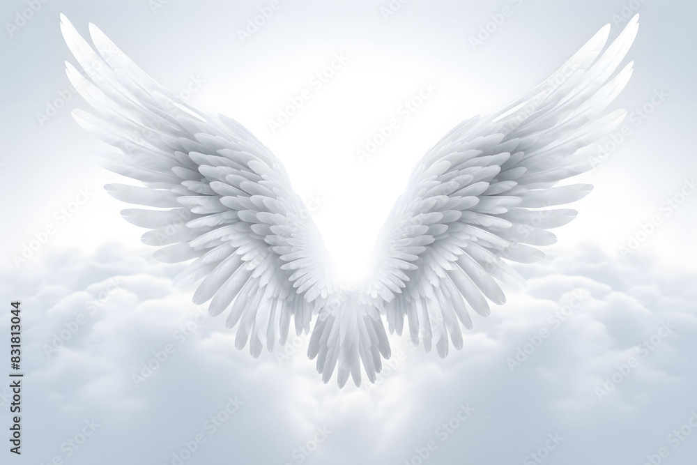 A white angel wing gracefully gliding through the vast sky