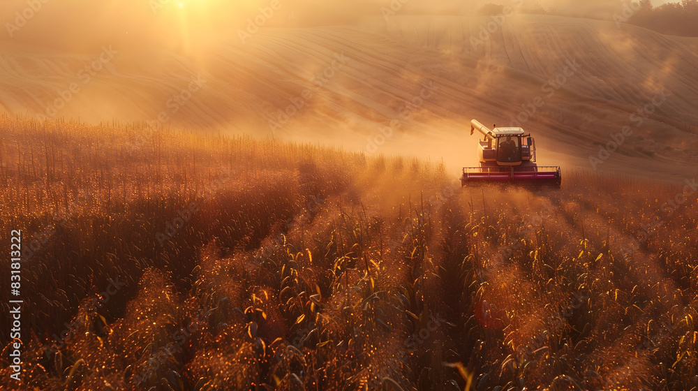 Fototapeta premium A combine truck moves through a field of corn, harvesting the crops. The truck is surrounded by tall green stalks and a clear blue sky above