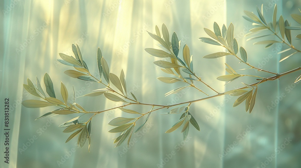 A tree's limb in front of a window with sunlight filtering through the drapes and a hazy backdrop A tree's limb in front of a window with sunlight filtering through the drapes and a hazy backdrop