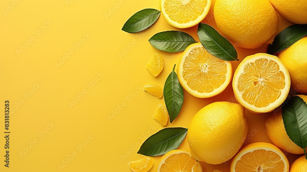 Lemons in green leaves on yellow background Lemons in green leaves on yellow background
