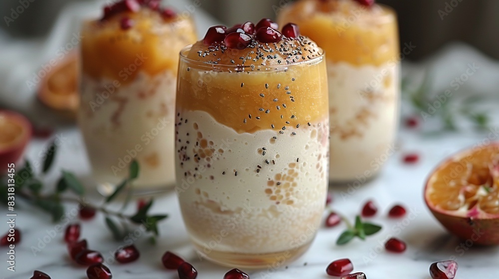 A close-up of a sweet treat in a bowl, surrounded by succulent pomegranates on the table A close-up of a sweet treat in a bowl, surrounded by succulent pomegranates on the table