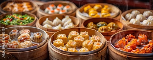 Array of dim sum in bamboo steamers focus on  focus on variety  dynamic  Composite  Chinese restaurant backdrop