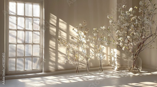  A vase with white flowers sits by a window casting a shadow onto the adjacent wall, with another vase of white flowers beside it