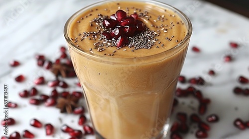   A close-up of a drink in a glass on a table surrounded by pomegranates