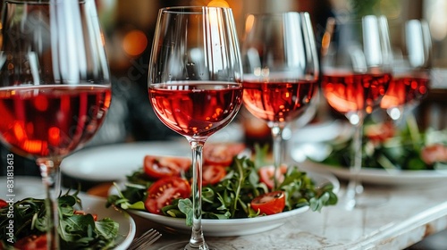   A photo of a plate of food and two glasses of wine positioned in front of a line of wine glasses on a table