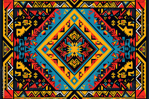 print design in the style of ethnic carpet patterns, Aztec art and African textile designs