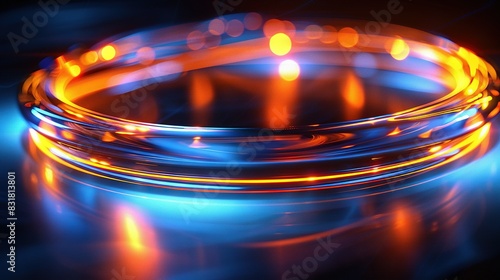  A close-up of a neon-colored ring on a black background with a reflective light