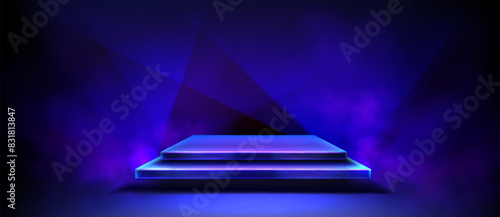 Dark background with square product podium in studio room interior with blue neon light. Realistic 3d vector goods display flying platform for game ui design. Floating in air showcase stage.