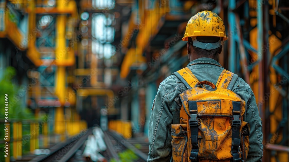 Back view of a construction worker with safety gear in an industrial site, highlighting the industrial landscape and worker safety. Back view of a construction worker with safety gear in an industrial site, highlighting the industrial landscape and worker safety.