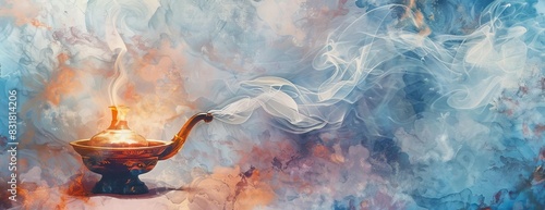 Magical oil lamp in a panoramic setting, emitting soothing light, white smoke swirling dreamily, genie appearing with a serene expression, watercolor style, soft pastel hues photo