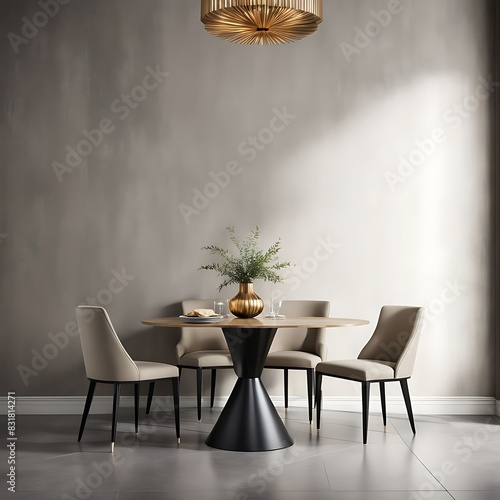  Dining room in light ivory colors. Beige and taupe with black details. Golden accent table. Minimalistic room with texture plaster microcement walls. Menu template or mockup invitation. 3d rendering 