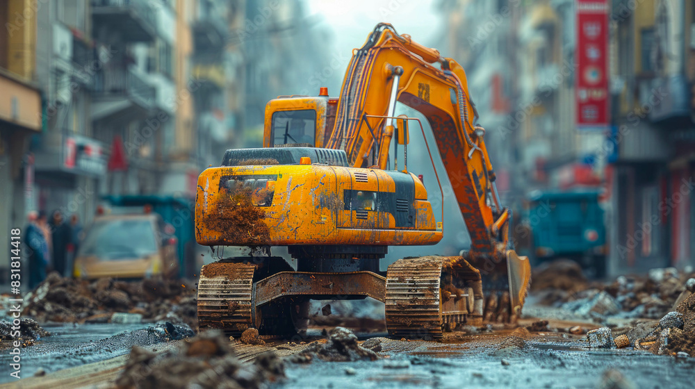 Excavator at work on a construction site. Backhoe digs a trench for laying sewer pipes Excavator at work on a construction site. Backhoe digs a trench for laying sewer pipes