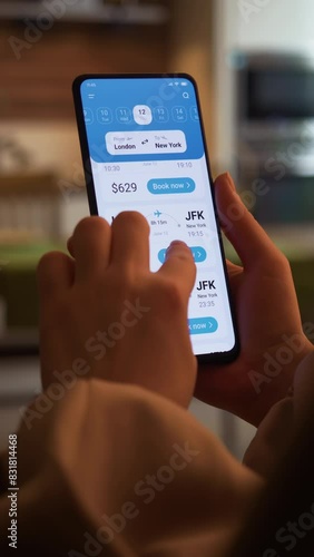 Buying plane tickets online. Choosing seats in a plane using booking app for mobile phone. Fictional Interface, vertical video.