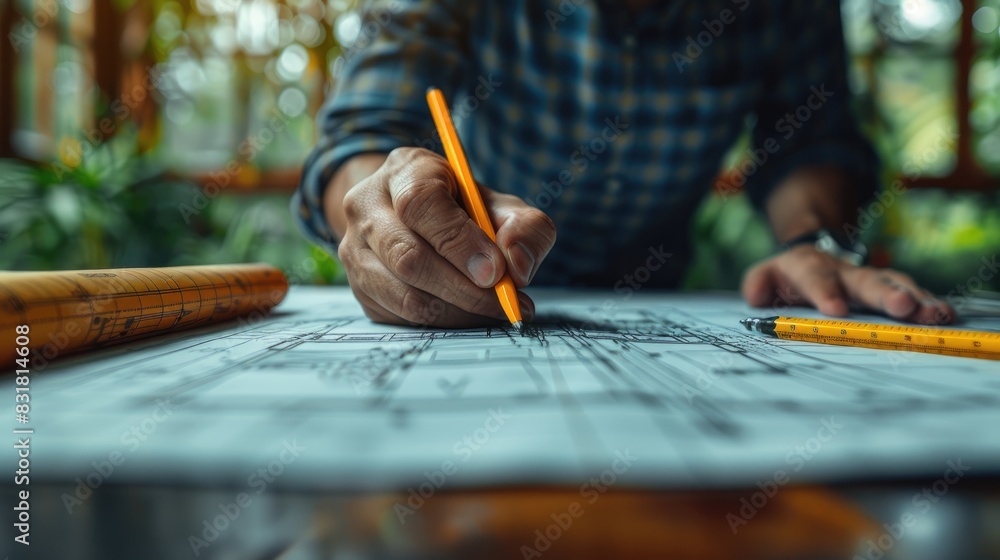 Close-up of an architect's hand drawing a blueprint on a desk with a pencil, showcasing precision and creativity in a well-lit workspace. Close-up of an architect's hand drawing a blueprint on a desk with a pencil, showcasing precision and creativity in a well-lit workspace.