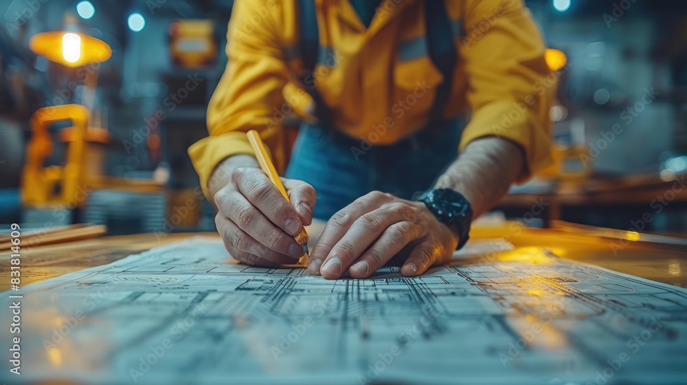 Close-up of an architect drawing a construction plan on a blueprint in a workshop, with hands and details of the design in focus. Close-up of an architect drawing a construction plan on a blueprint in a workshop, with hands and details of the design in focus.