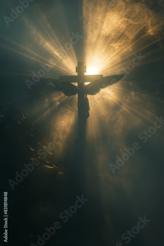 Religious decorative paintings, crosses and angel wings, before the transparent Dundar effect, sunlight through the thin fog, creating a soft divine illumination,