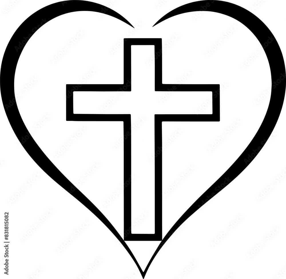 Obraz premium Abstract silhouette Christian cross inside the heart / black and white religious cross