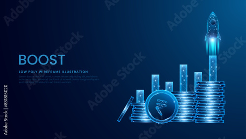 Digital Rocket, rupee coins, and graph chart. Stack of rupee coins growing and increasing. Spaceship boosts the statistic candle. Investing money concept vector illustration photo
