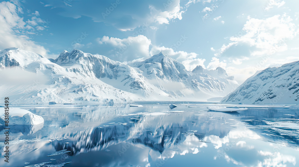 Realistic Arctic landscape with snow-capped mountains, AI generative