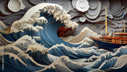 浮世絵風のデジタルアート、浪裏の光景、 photo