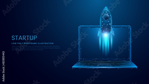 Start-Up and Boosting Concept. Rocket Takes Off From the Laptop Screen. Low Poly Wireframe Vector Illustration on Technological Blue Background. 