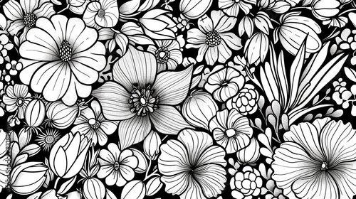 Wallpaper Mural Seamless intricate doodle patterns of plants and flowers in black and white, Torontodigital.ca