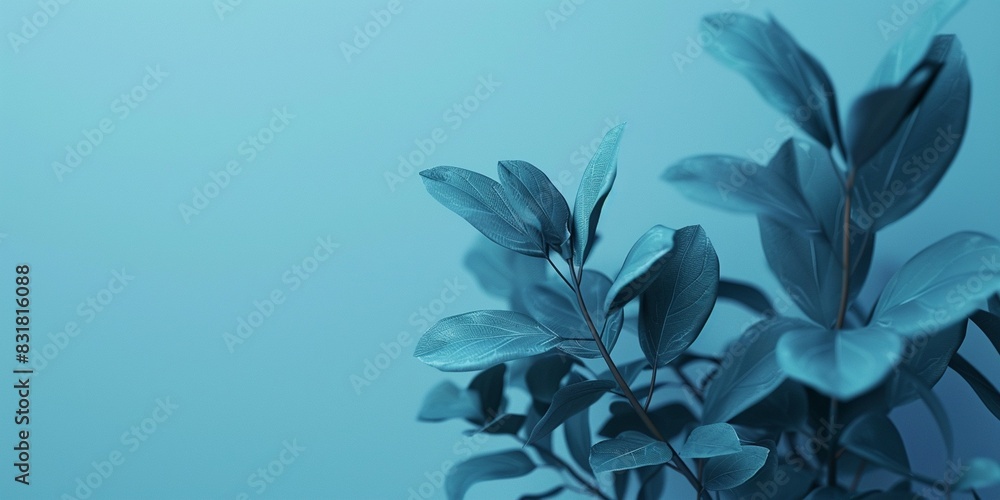Blue plant on blue background banner with copy space, minimalistic style, dark green and skyblue tones, macro photography, high resolution, professional photograph Blue plant on blue background banner with copy space, minimalistic style, dark green and skyblue tones, macro photography, high resolution, professional photograph